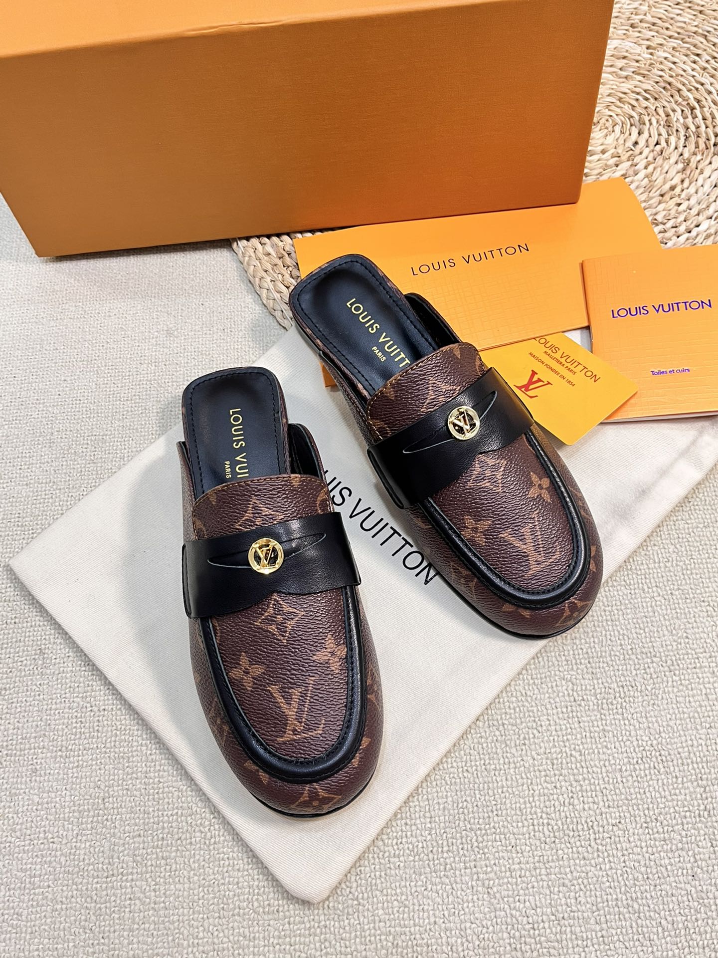 LOUIS VUITTON LV CAPRI OPEN BACK LOAFERS IN CHESTNUT BROWN MONOGRAM CALFSKIN