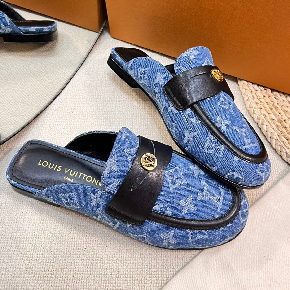LOUIS VUITTON LV CAPRI OPEN BACK LOAFERS IN COBALT BLUE MONOGRAM DENIM