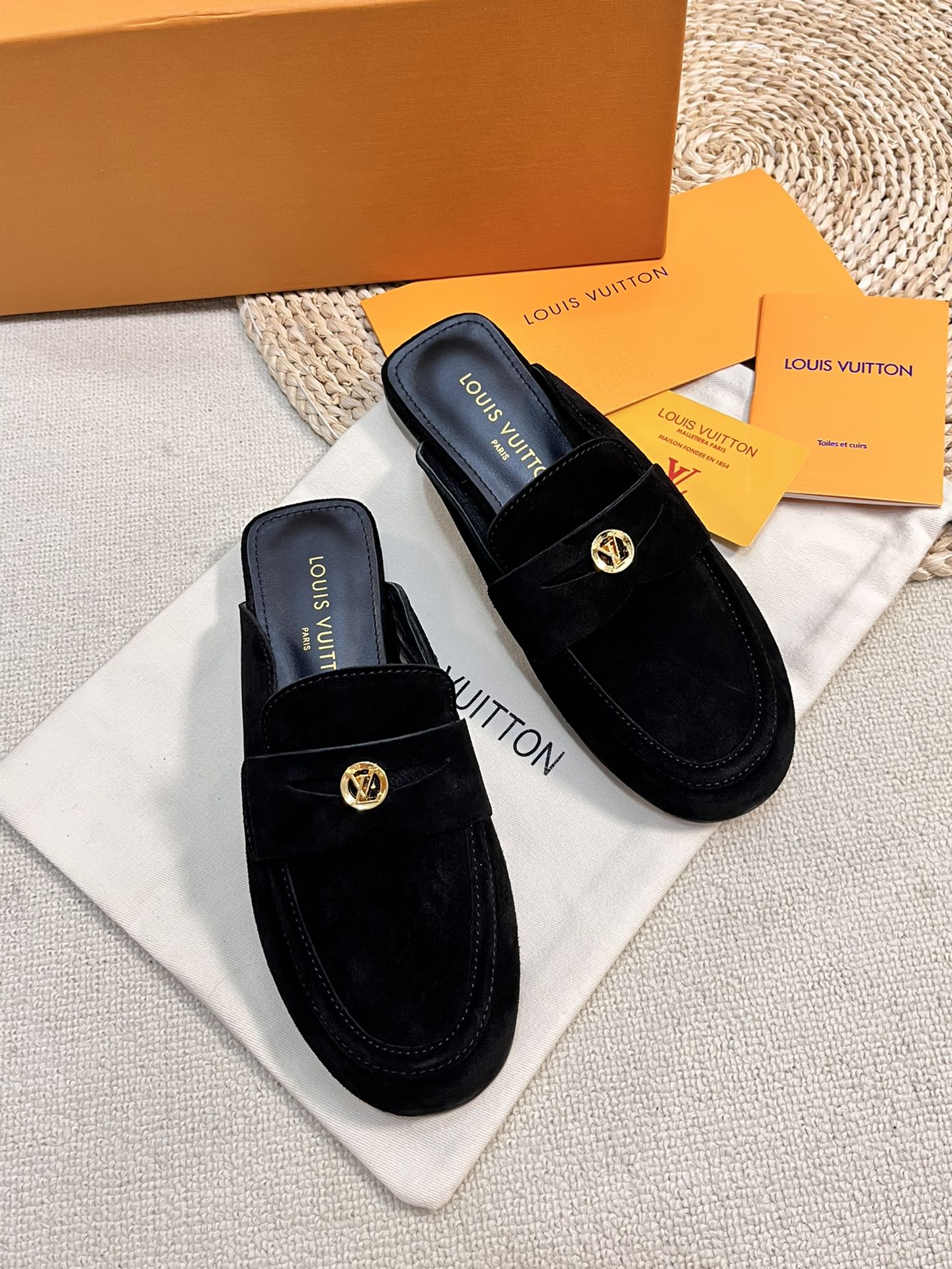 LOUIS VUITTON LV CAPRI OPEN BACK LOAFERS IN BLACK SUEDE
