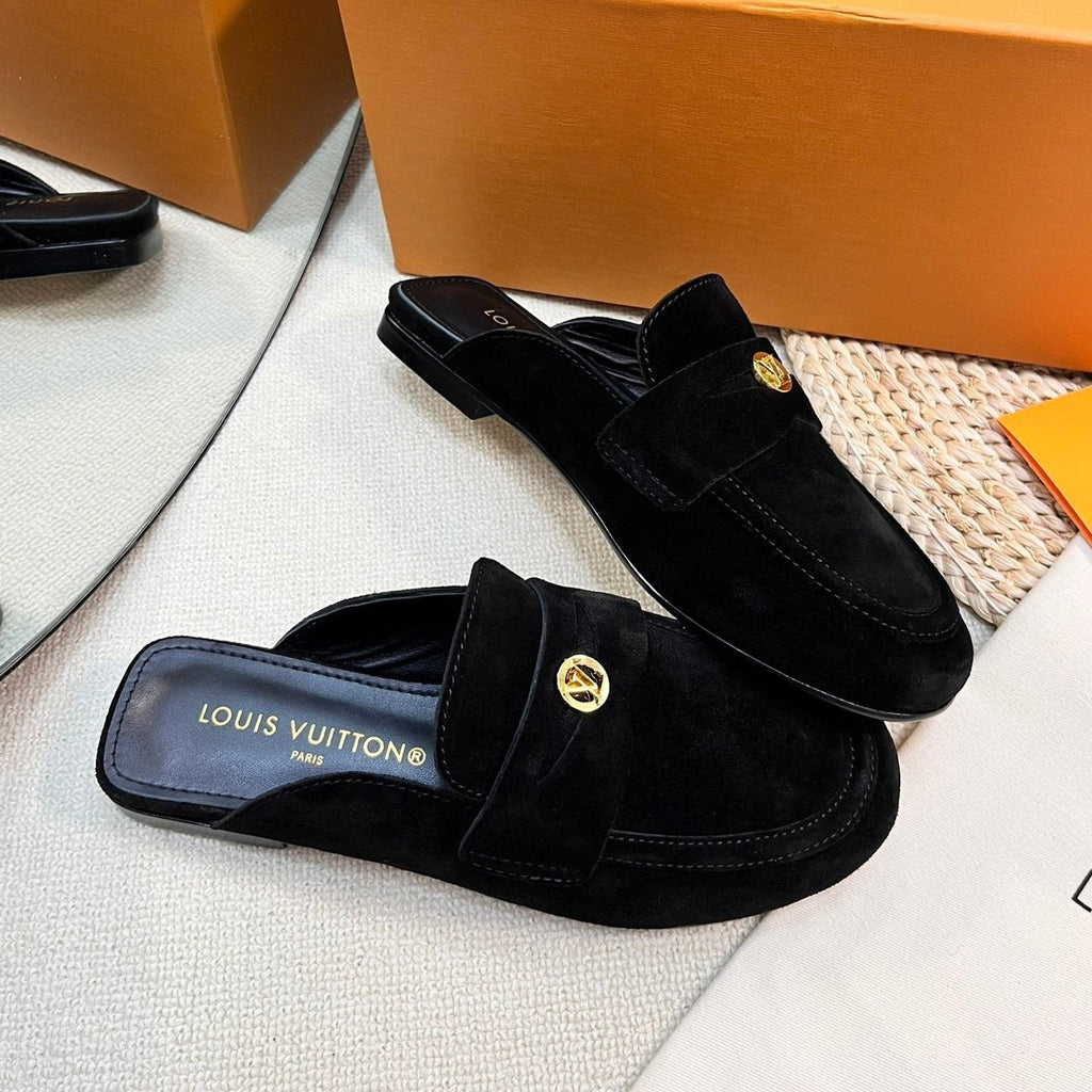 LOUIS VUITTON LV CAPRI OPEN BACK LOAFERS IN BLACK SUEDE