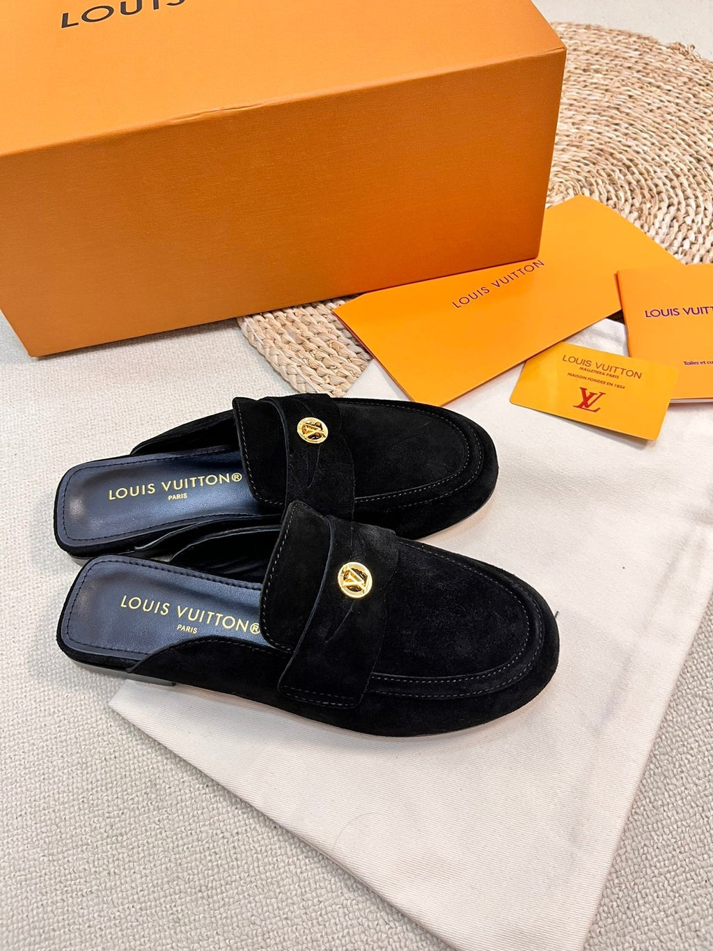 LOUIS VUITTON LV CAPRI OPEN BACK LOAFERS IN BLACK SUEDE