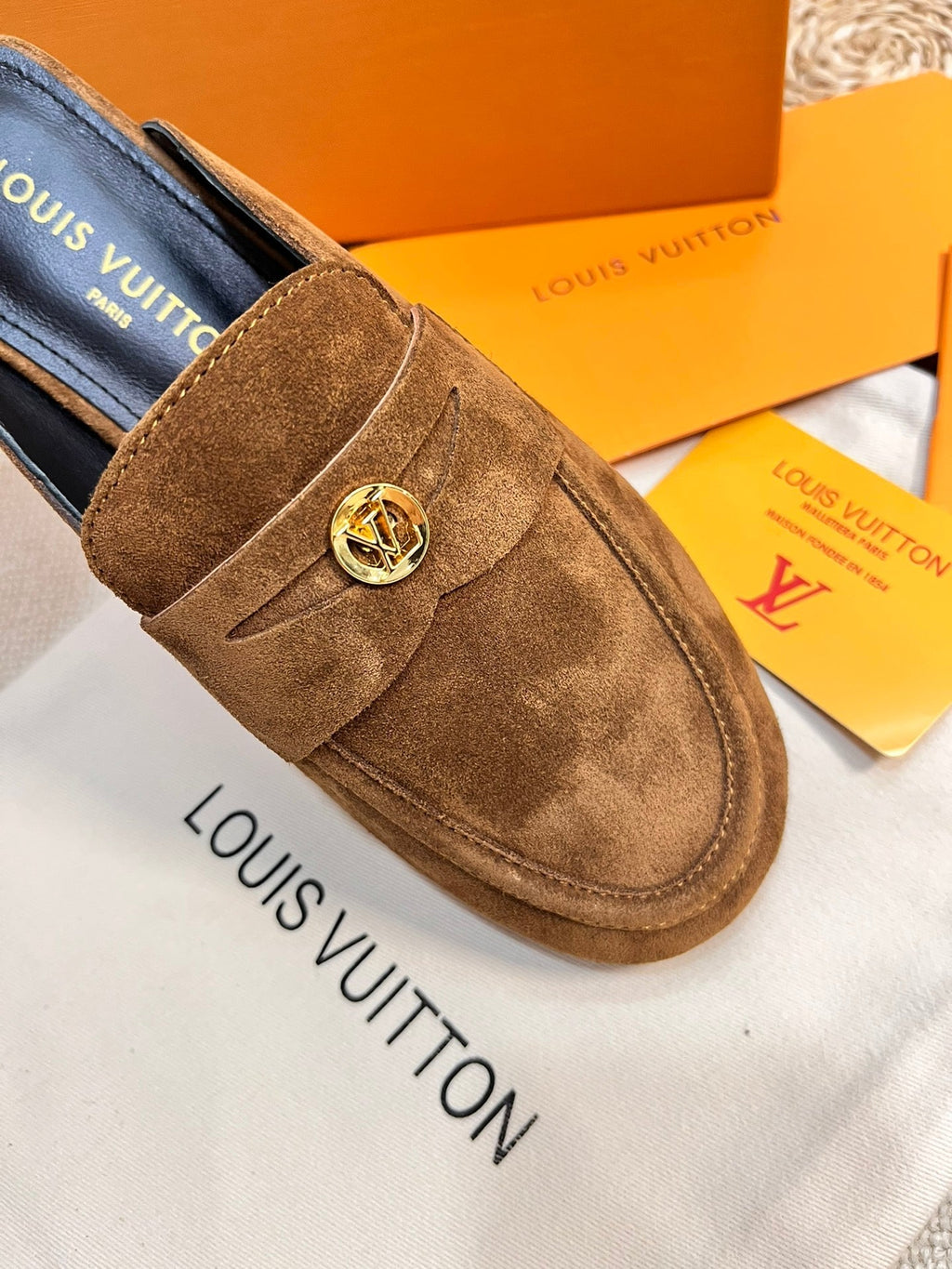 LOUIS VUITTON LV CAPRI OPEN BACK LOAFERS IN CHOCOLATE BROWN SUEDE
