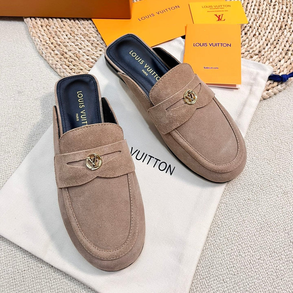 LOUIS VUITTON LV CAPRI OPEN BACK LOAFERS IN MEDIUM BROWN SUEDE