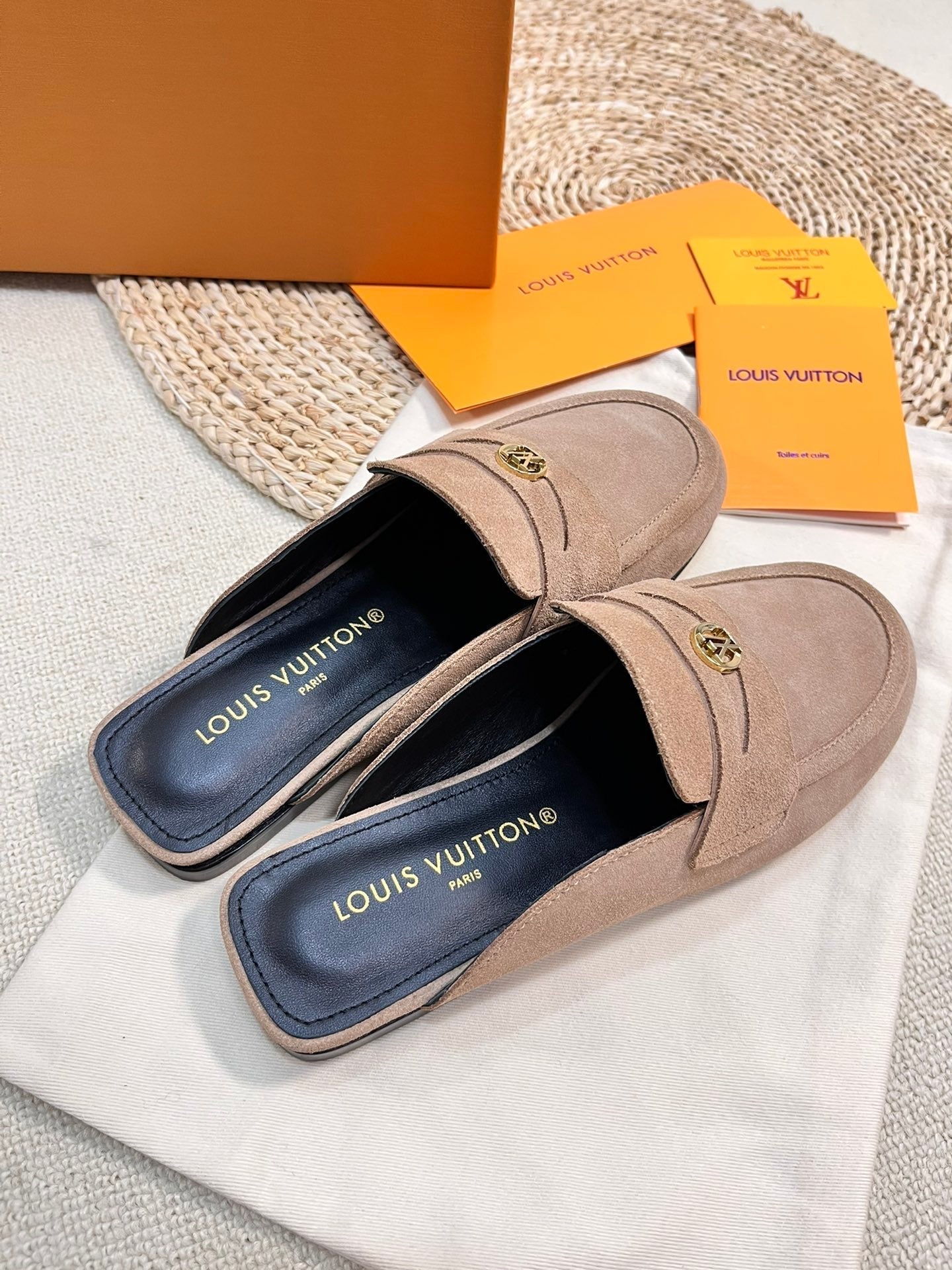 LOUIS VUITTON LV CAPRI OPEN BACK LOAFERS IN MEDIUM BROWN SUEDE