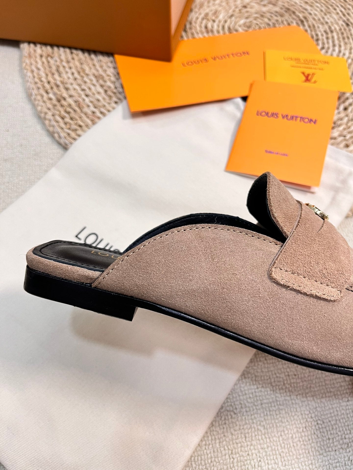 LOUIS VUITTON LV CAPRI OPEN BACK LOAFERS IN MEDIUM BROWN SUEDE