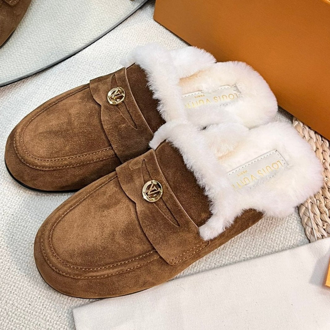 LOUIS VUITTON LV COSY FLAT COMFORT CLOG IN RUSSET BROWN SUEDE AND SHEARLING LINING