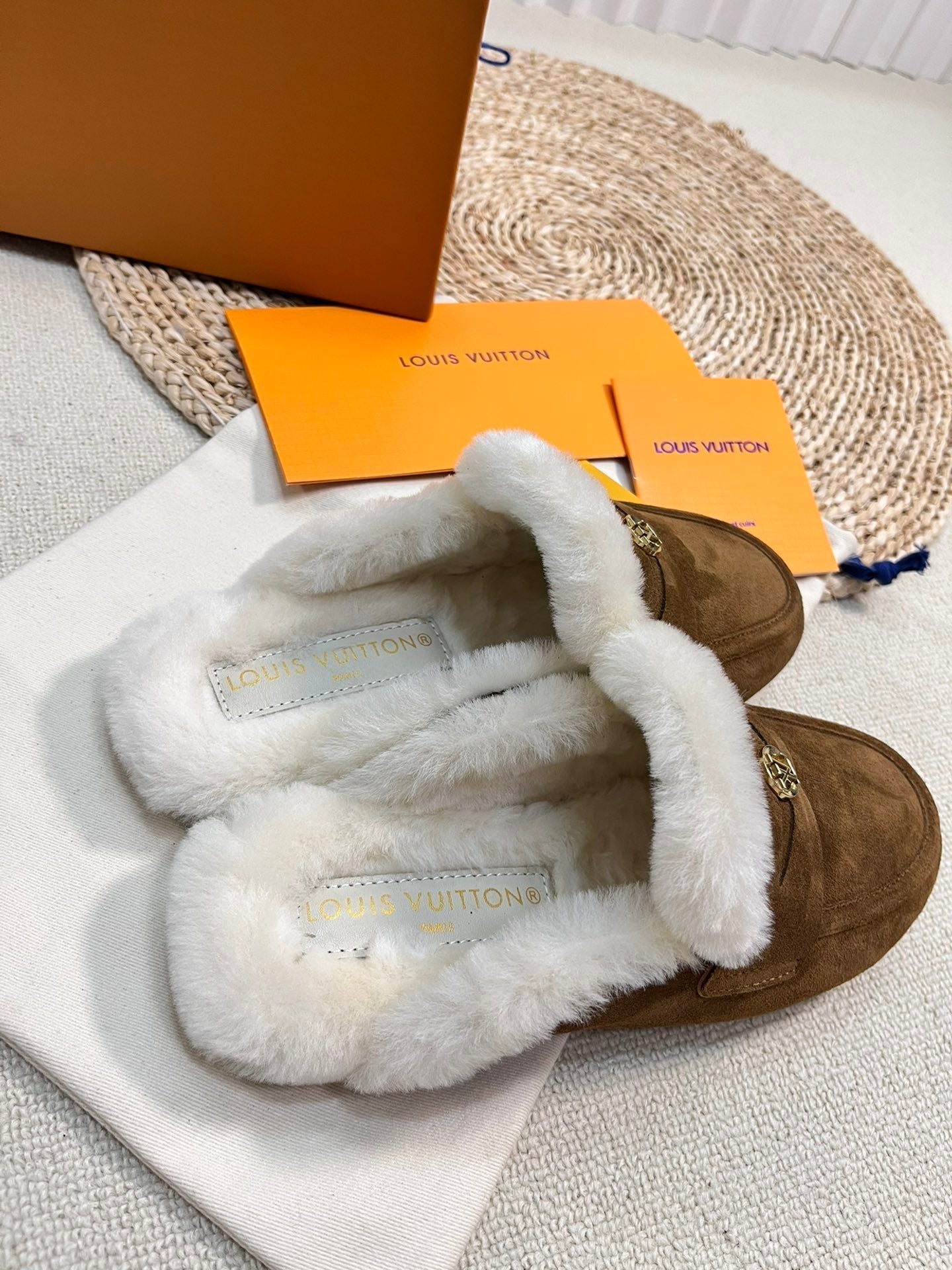 LOUIS VUITTON LV COSY FLAT COMFORT CLOG IN RUSSET BROWN SUEDE AND SHEARLING LINING