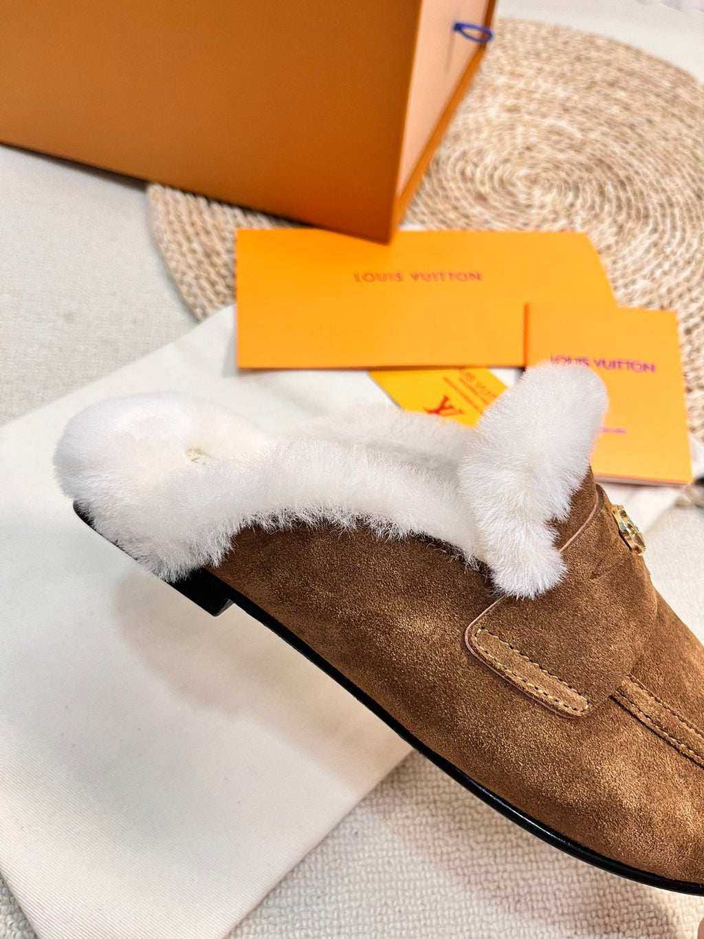 LOUIS VUITTON LV COSY FLAT COMFORT CLOG IN RUSSET BROWN SUEDE AND SHEARLING LINING