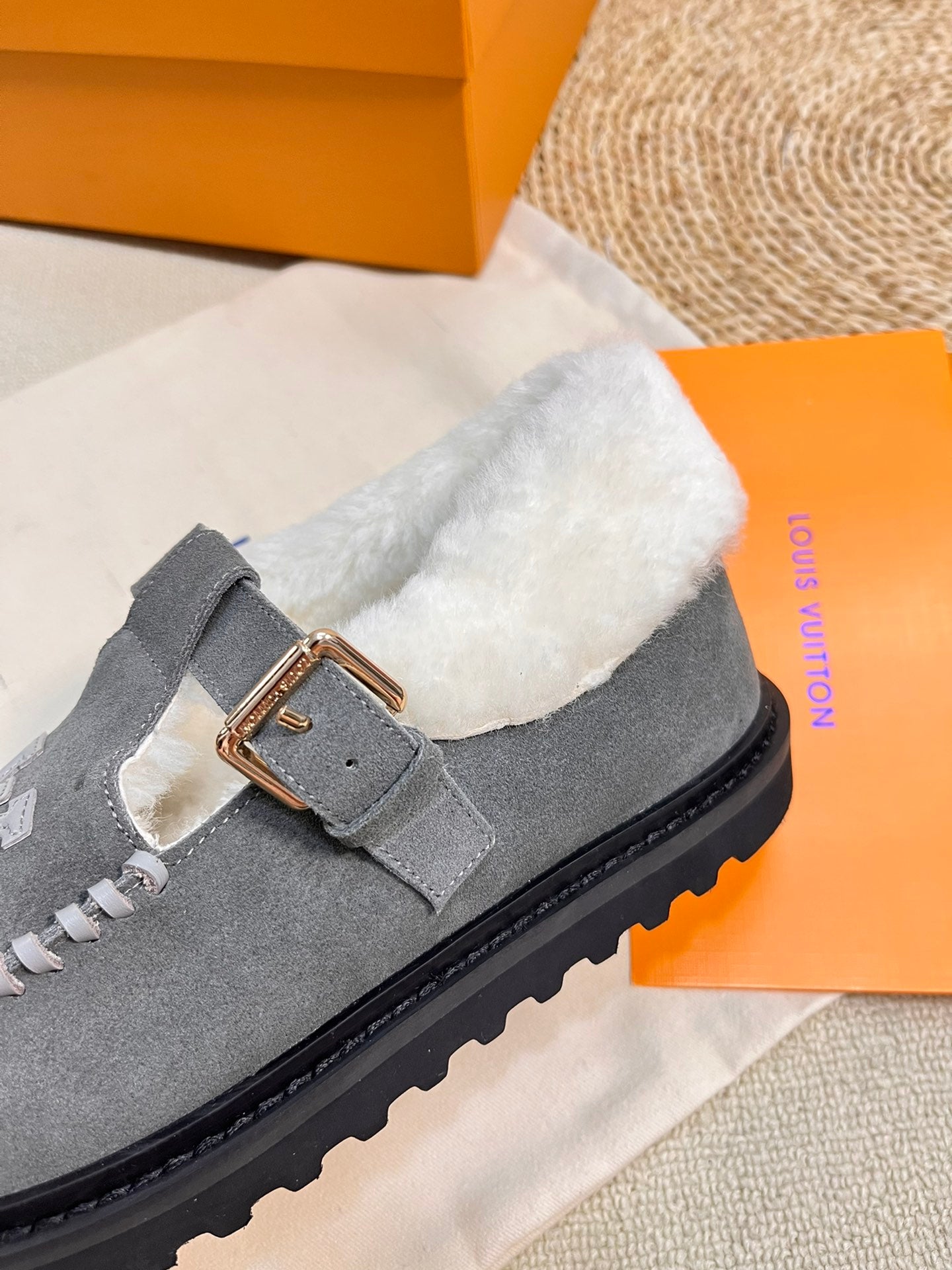 LOUIS VUITTON COLORADO COMFORT MARY JANE IN SHADOW GRAY SUEDE AND SHEARLING LINING