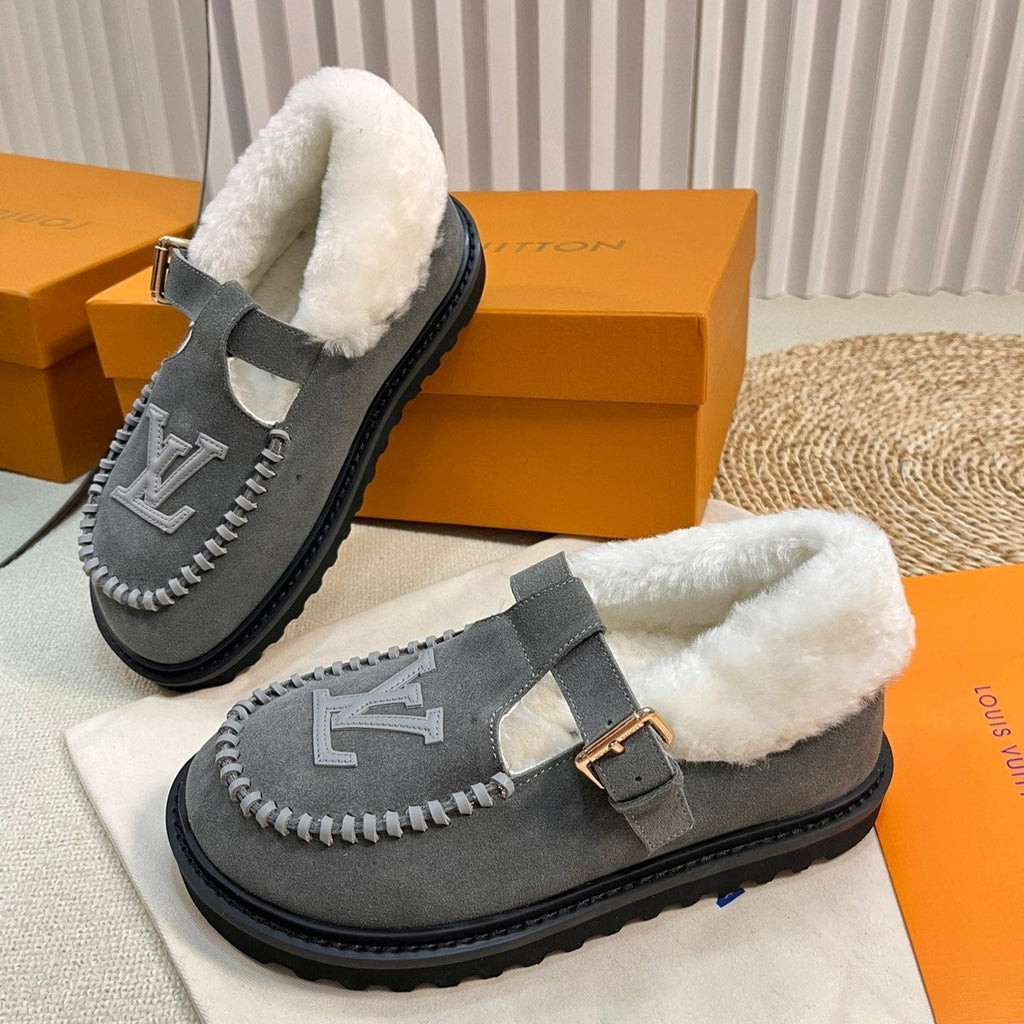 LOUIS VUITTON COLORADO COMFORT MARY JANE IN SHADOW GRAY SUEDE AND SHEARLING LINING