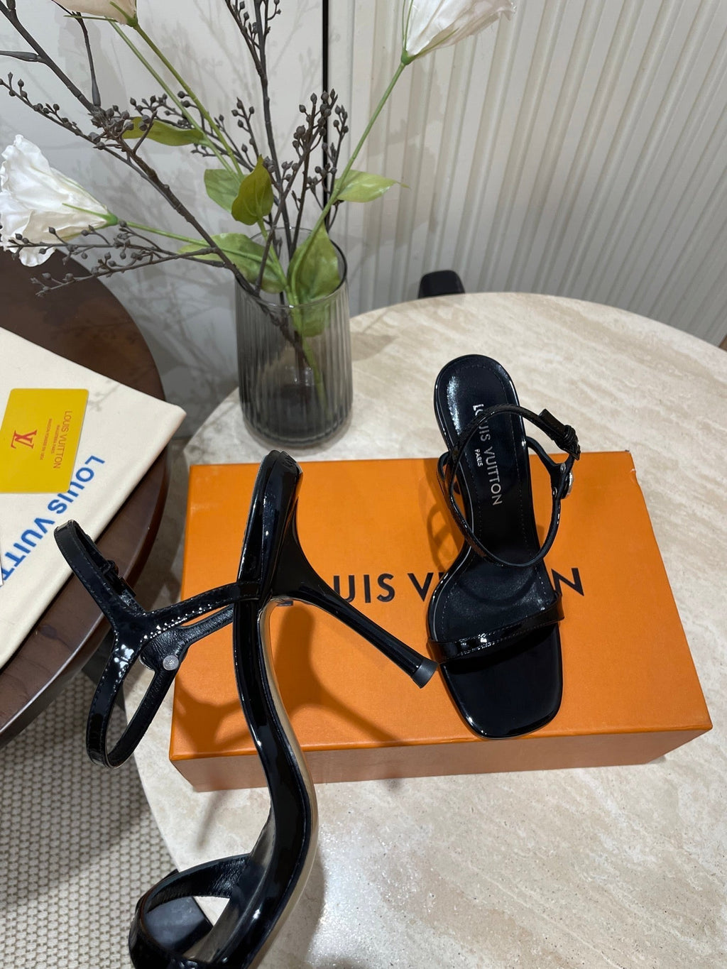 LOUIS VUITTON 6AM HIGH SANDAL 95 MM IN BLACK PATENT LAMBSKIN
