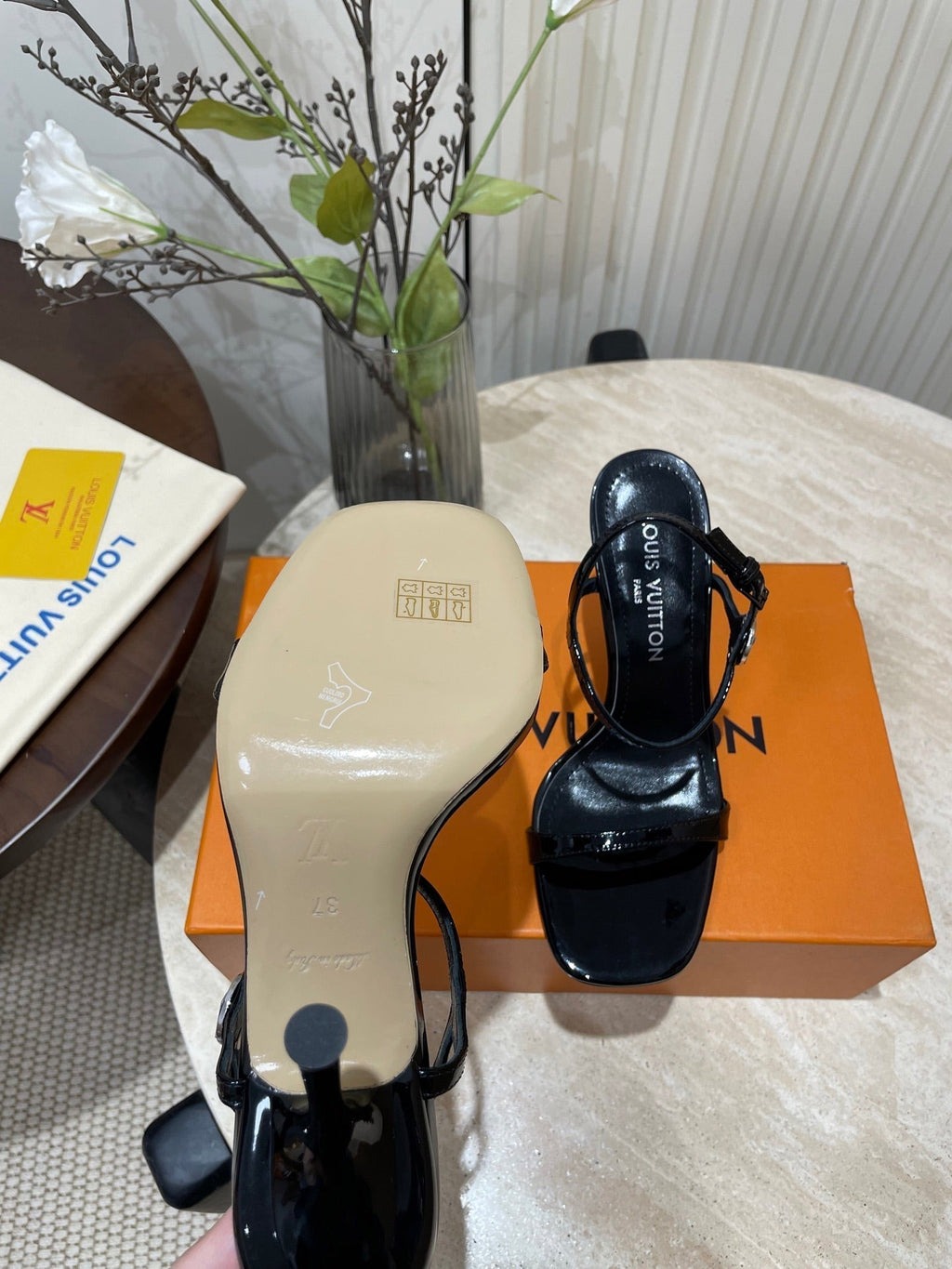 LOUIS VUITTON 6AM HIGH SANDAL 95 MM IN BLACK PATENT LAMBSKIN