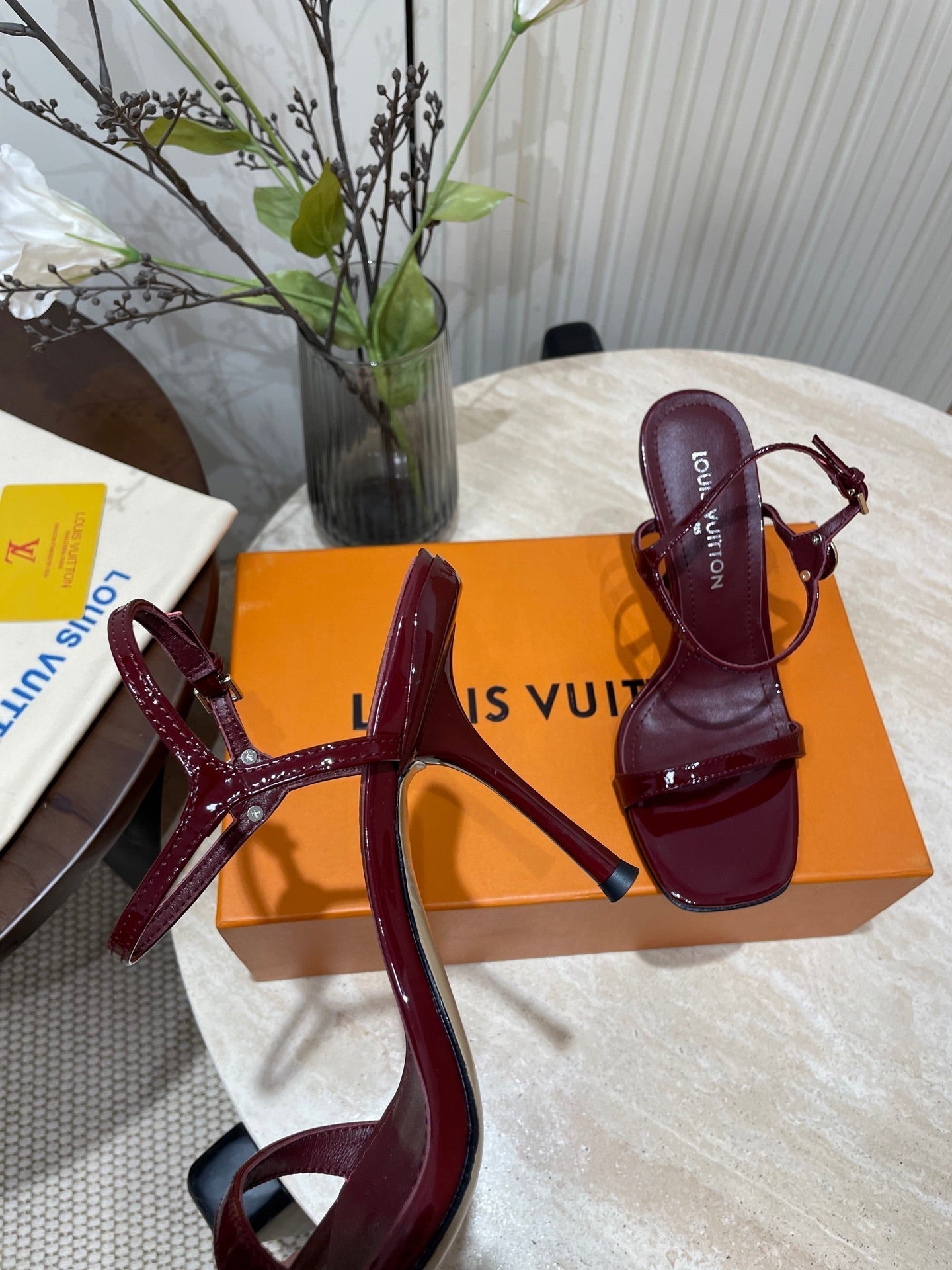 LOUIS VUITTON 6AM HIGH SANDAL 95 MM IN WINE RED PATENT LAMBSKIN