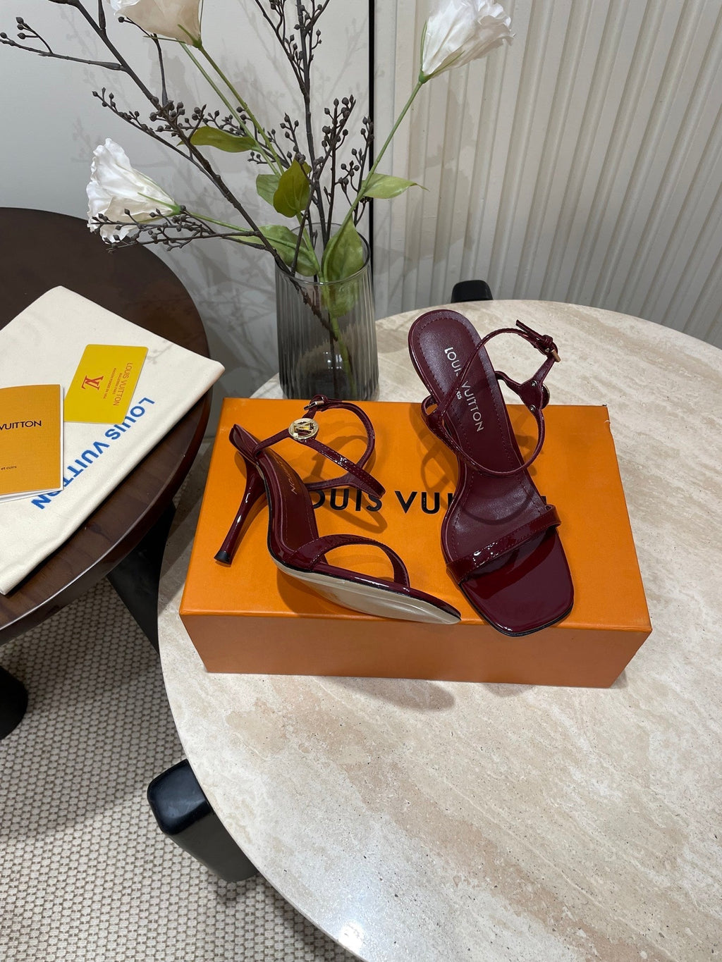 LOUIS VUITTON 6AM HIGH SANDAL 95 MM IN WINE RED PATENT LAMBSKIN