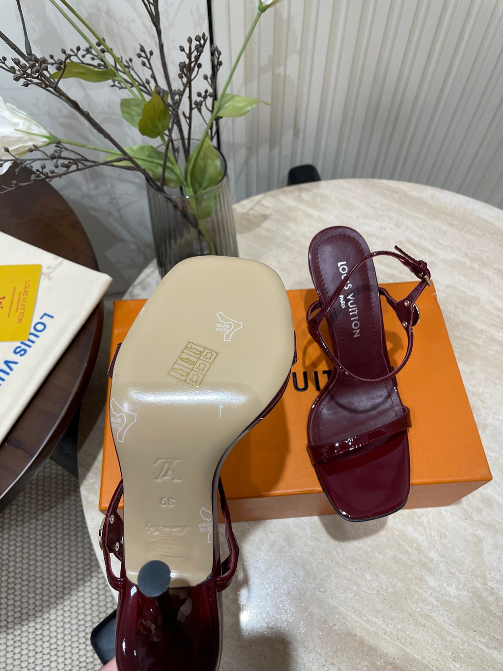 LOUIS VUITTON 6AM HIGH SANDAL 95 MM IN WINE RED PATENT LAMBSKIN