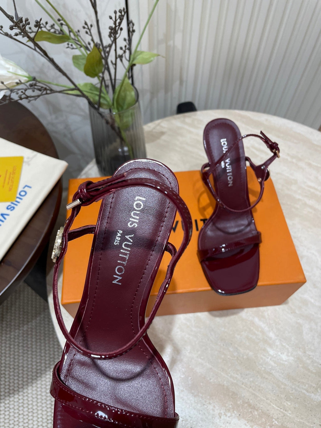 LOUIS VUITTON 6AM HIGH SANDAL 95 MM IN WINE RED PATENT LAMBSKIN