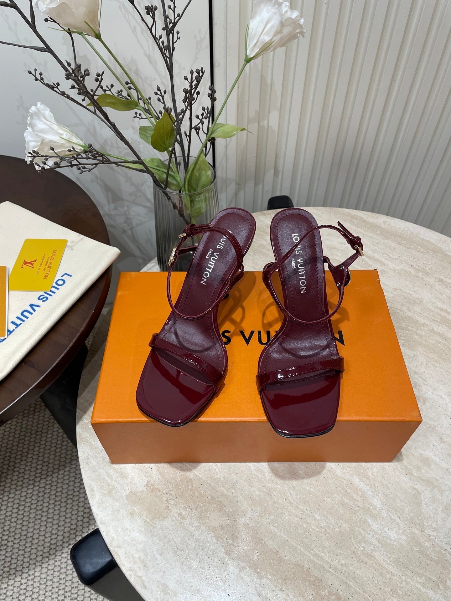 LOUIS VUITTON 6AM HIGH SANDAL 95 MM IN WINE RED PATENT LAMBSKIN