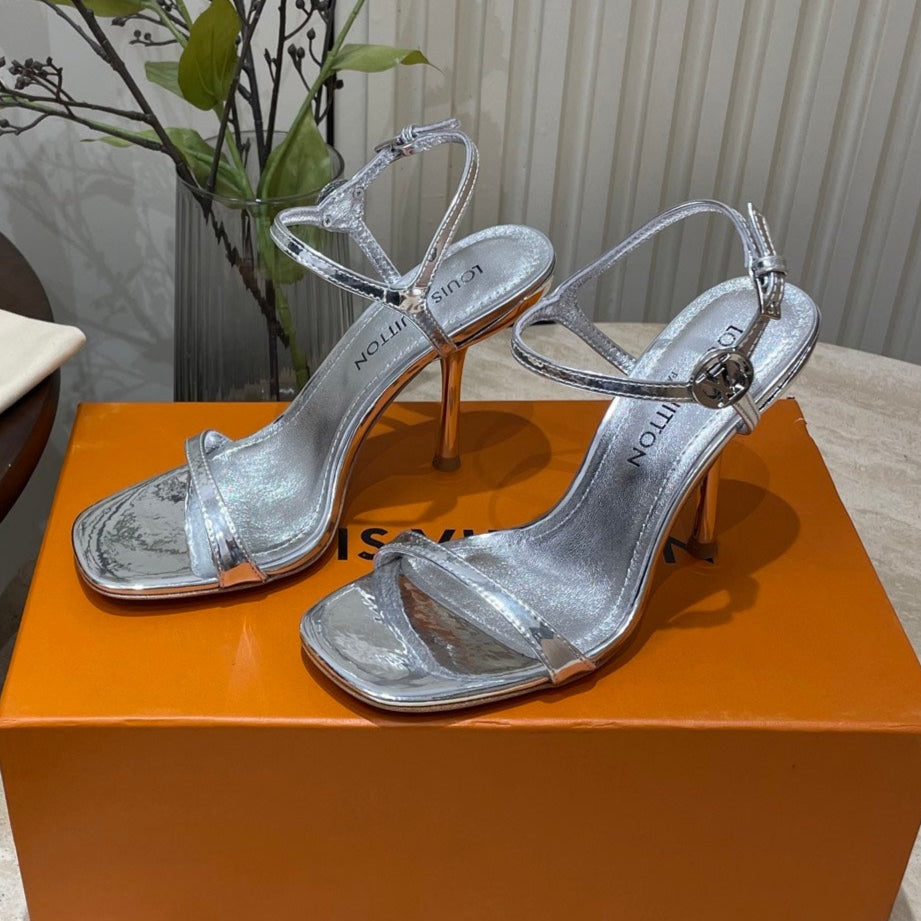 LOUIS VUITTON 6AM HIGH SANDAL 95 MM IN SILVER LAMBSKIN
