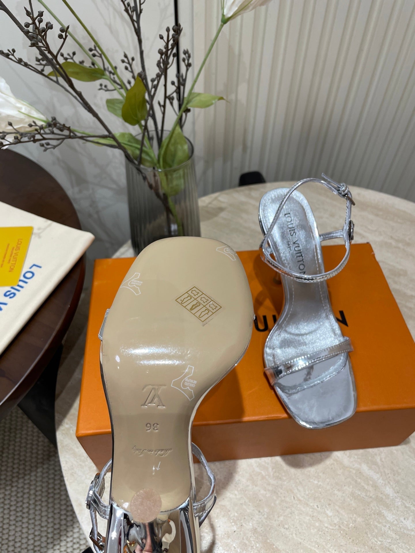 LOUIS VUITTON 6AM HIGH SANDAL 95 MM IN SILVER LAMBSKIN
