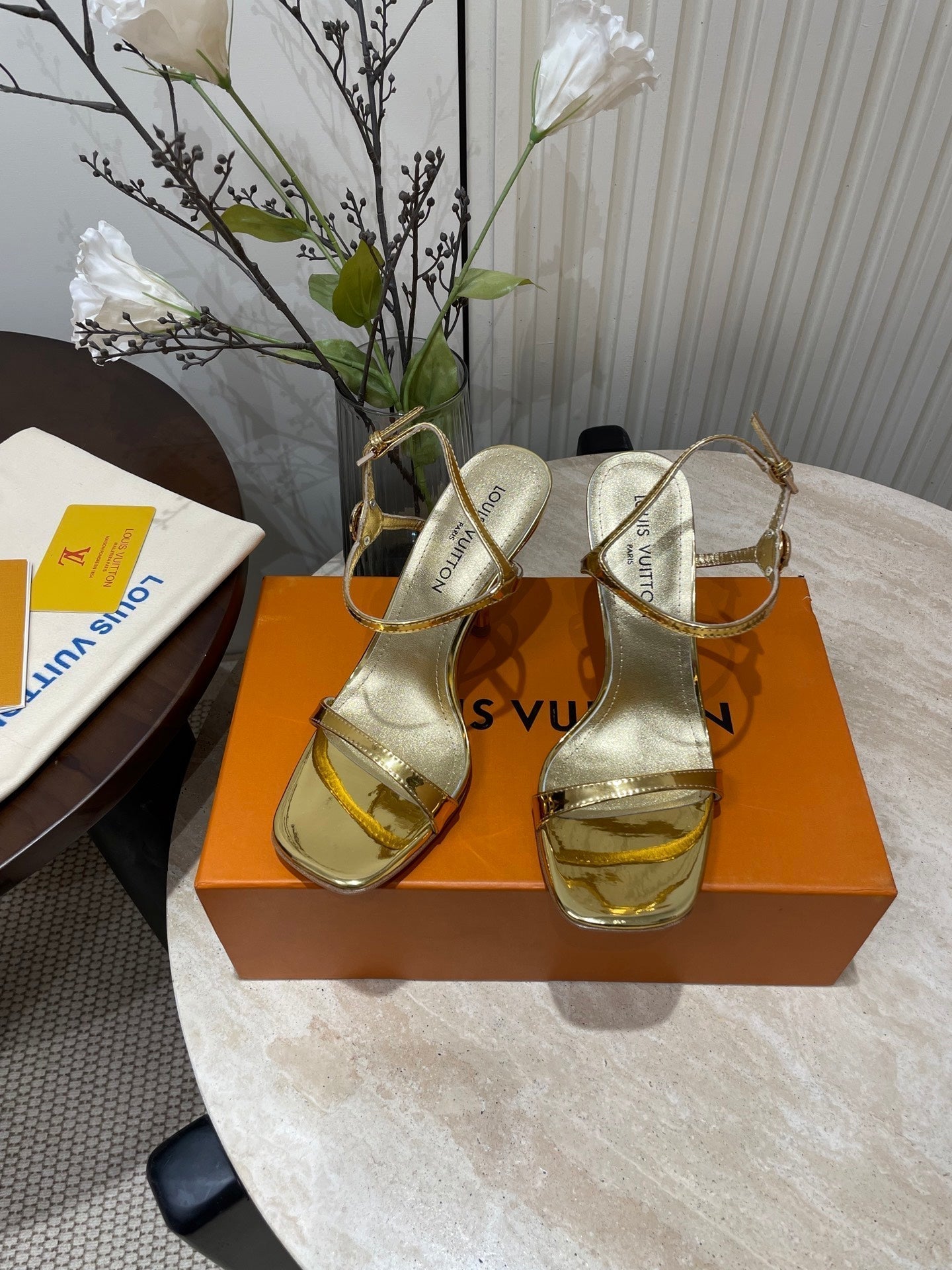 LOUIS VUITTON 6AM HIGH SANDAL 95 MM IN GOLD LAMBSKIN