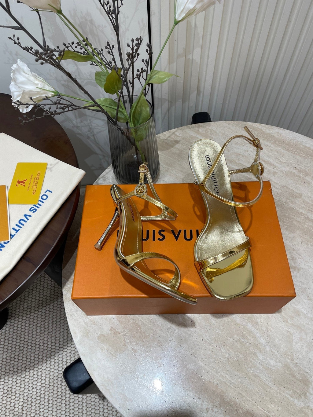 LOUIS VUITTON 6AM HIGH SANDAL 95 MM IN GOLD LAMBSKIN