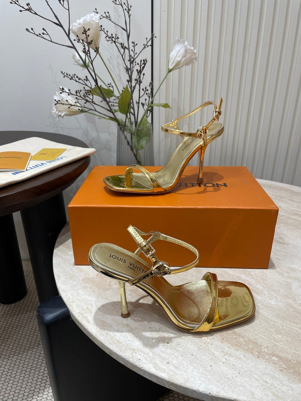 LOUIS VUITTON 6AM HIGH SANDAL 95 MM IN GOLD LAMBSKIN