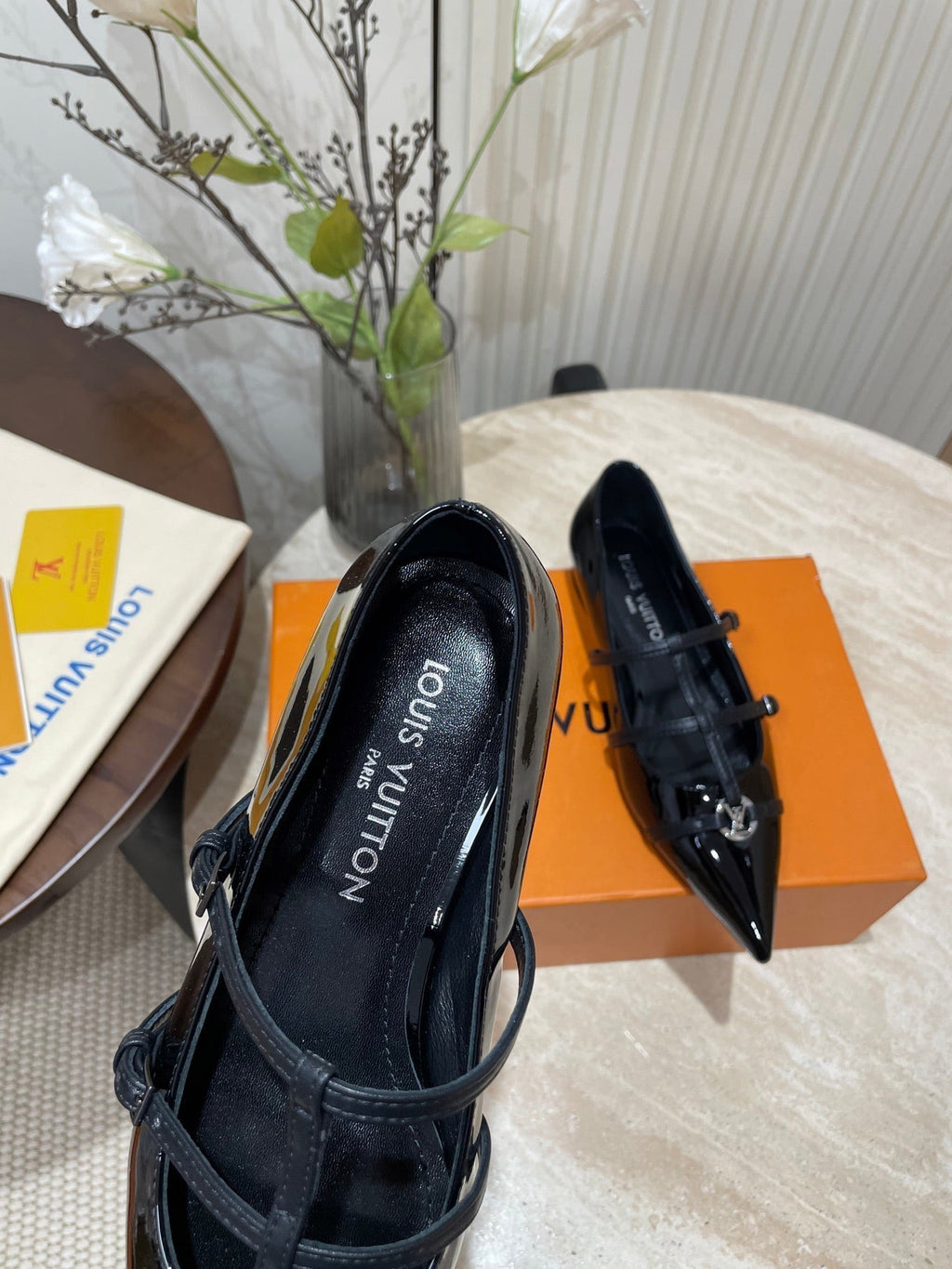 LOUIS VUITTON POINTED-TOE TRIPLE-STRAP BALLET FLAT IN BLACK PATENT CALFSKIN