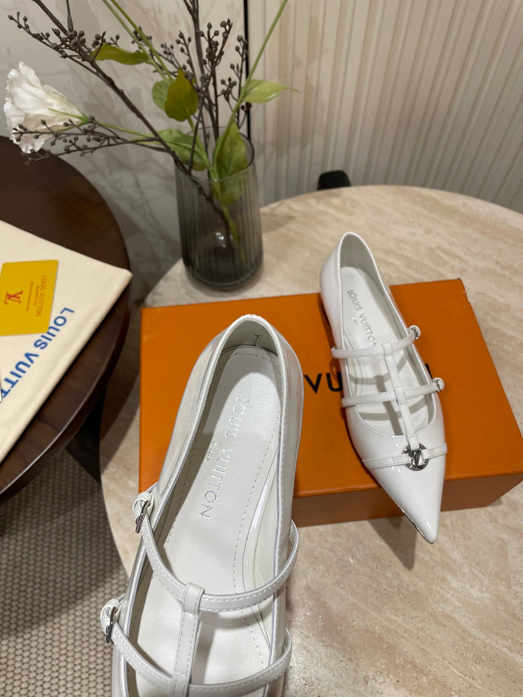 LOUIS VUITTON POINTED-TOE TRIPLE-STRAP BALLET FLAT IN WHITE PATENT CALFSKIN