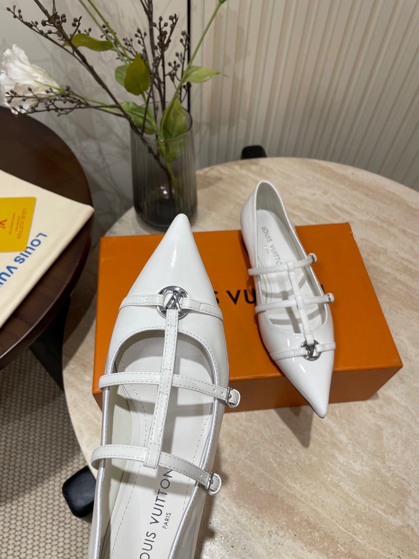 LOUIS VUITTON POINTED-TOE TRIPLE-STRAP BALLET FLAT IN WHITE PATENT CALFSKIN