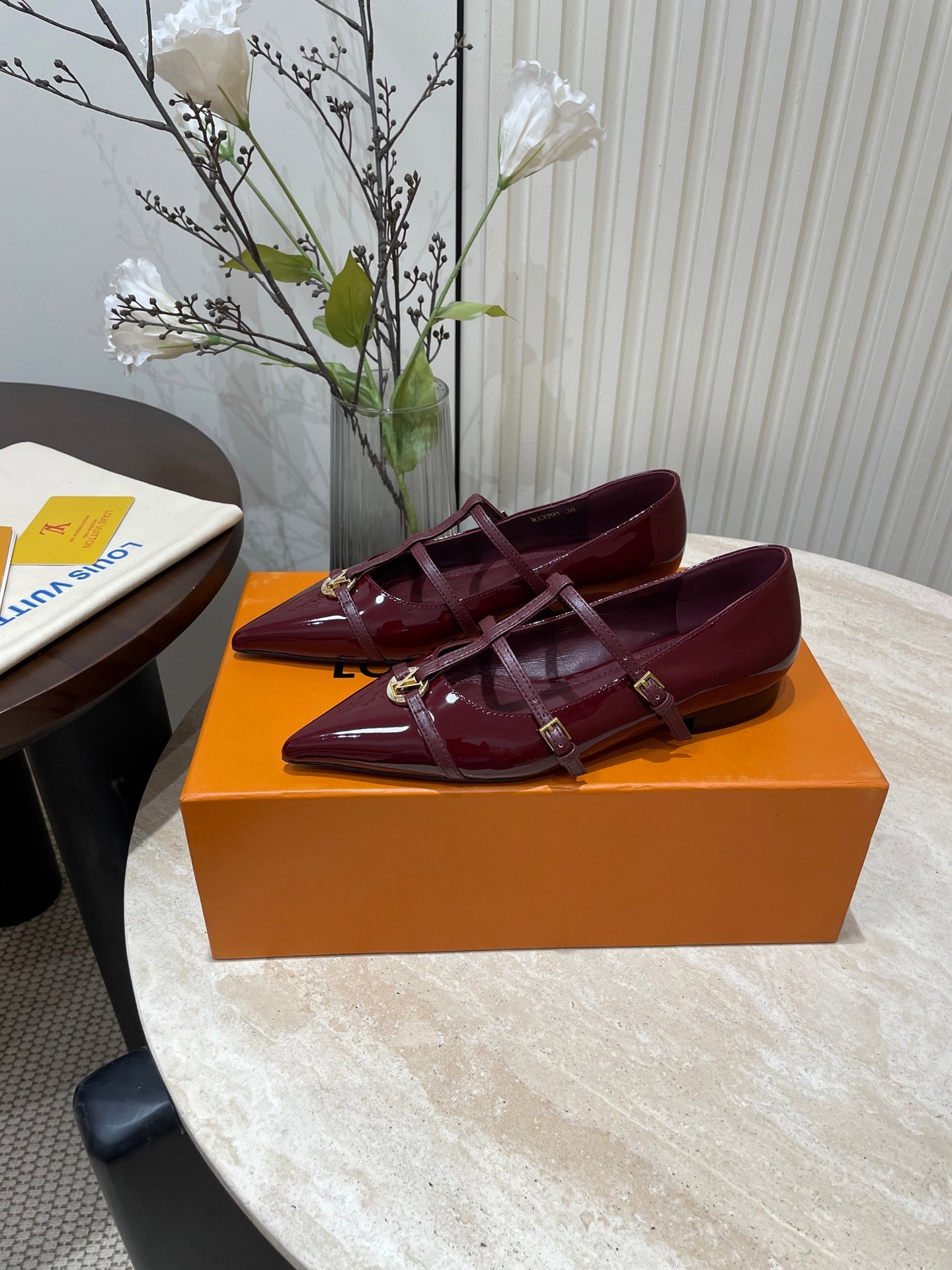 LOUIS VUITTON POINTED-TOE TRIPLE-STRAP BALLET FLAT IN BURGUNDY RED PATENT CALFSKIN