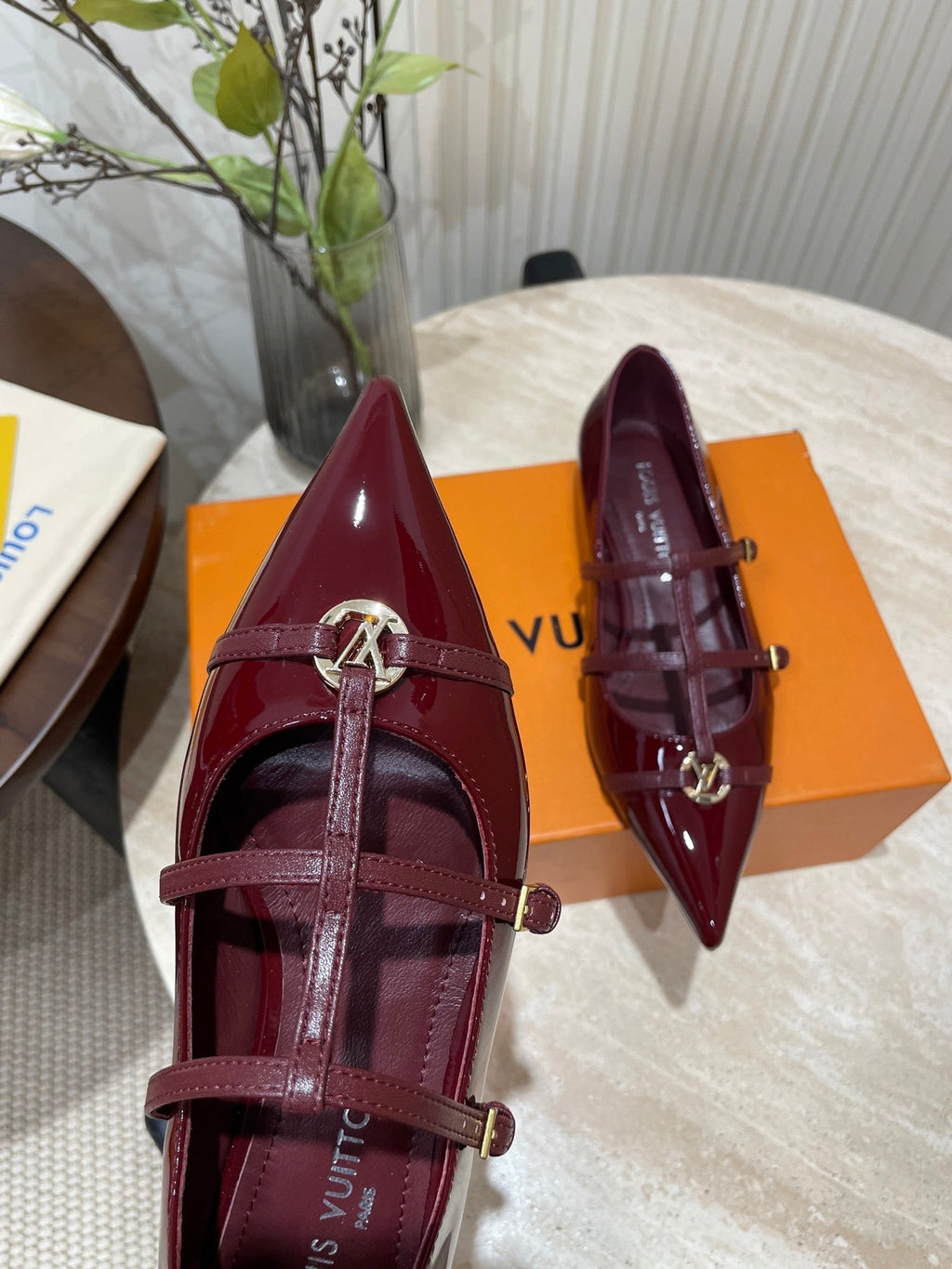 LOUIS VUITTON POINTED-TOE TRIPLE-STRAP BALLET FLAT IN BURGUNDY RED PATENT CALFSKIN