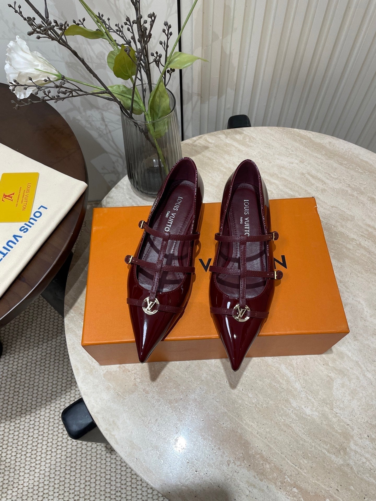 LOUIS VUITTON POINTED-TOE TRIPLE-STRAP BALLET FLAT IN BURGUNDY RED PATENT CALFSKIN