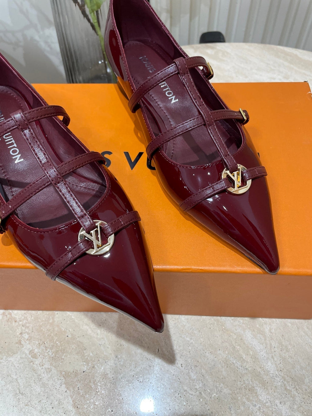 LOUIS VUITTON POINTED-TOE TRIPLE-STRAP BALLET FLAT IN BURGUNDY RED PATENT CALFSKIN