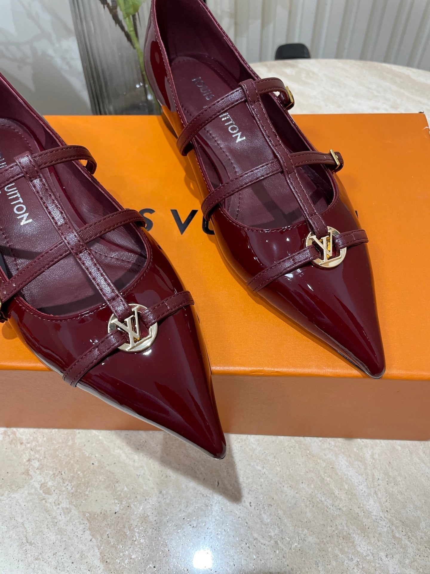 LOUIS VUITTON POINTED-TOE TRIPLE-STRAP BALLET FLAT IN BURGUNDY RED PATENT CALFSKIN