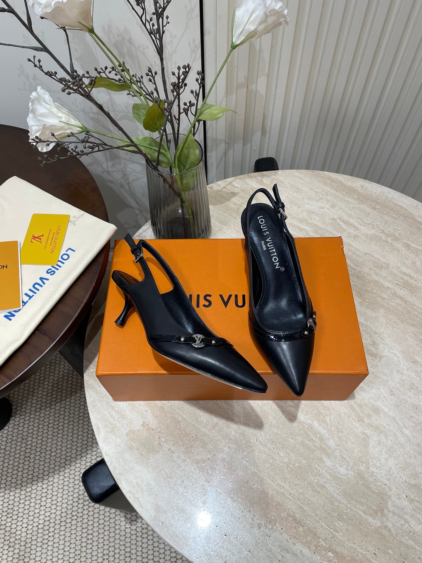 LOUIS VUITTON HIGH SLINGBACKS 5 CM IN BLACK CALFSKIN