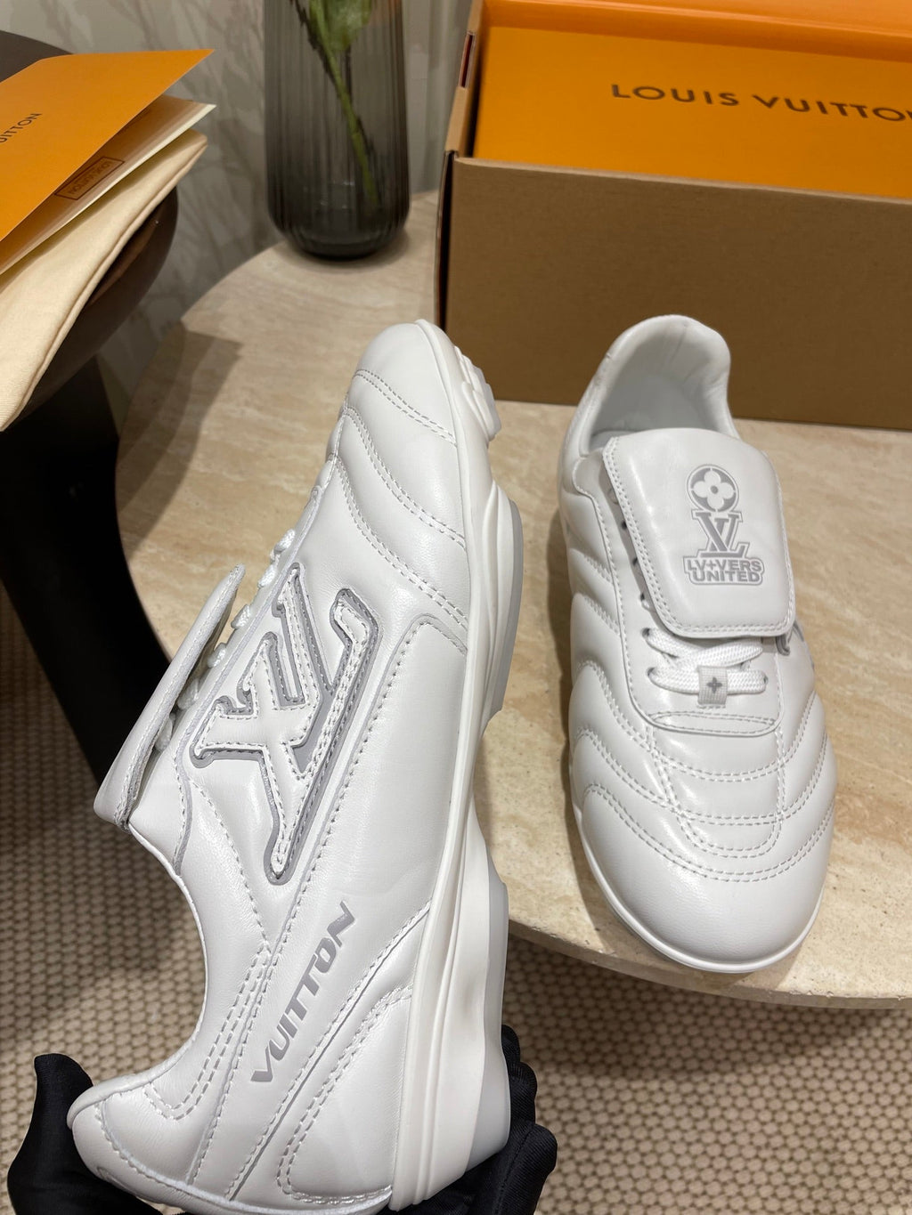 LOUIS VUITTON FOOTPRINT SOCCER SNEAKER IN WHITE CALFSKIN