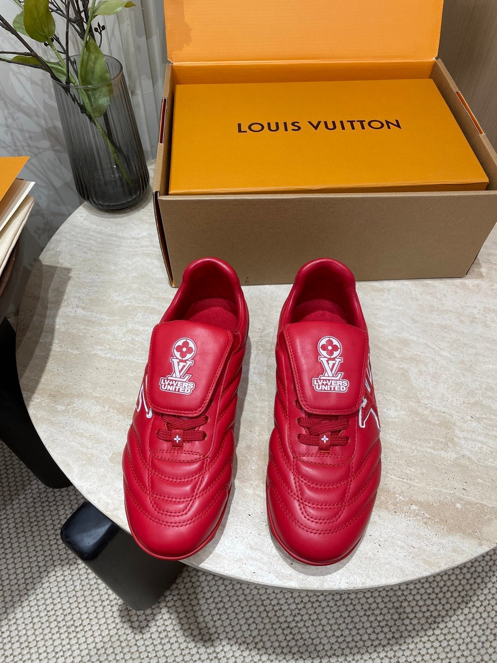 LOUIS VUITTON FOOTPRINT SOCCER SNEAKER IN CHERRY RED CALFSKIN