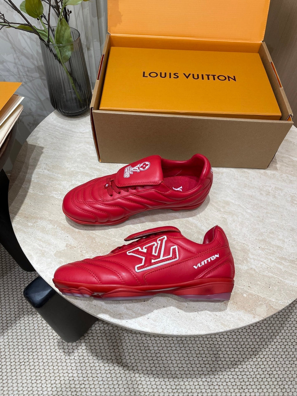 LOUIS VUITTON FOOTPRINT SOCCER SNEAKER IN CHERRY RED CALFSKIN