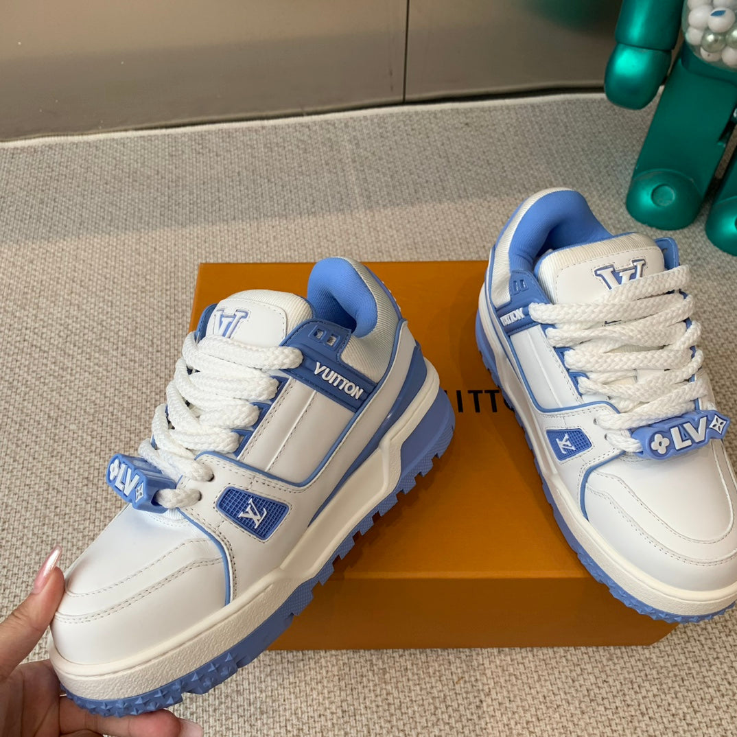 LOUIS VUITTON LV TRAINER MAXI SNEAKER IN WHITE MIX OCEAN BLUE CALFSKIN