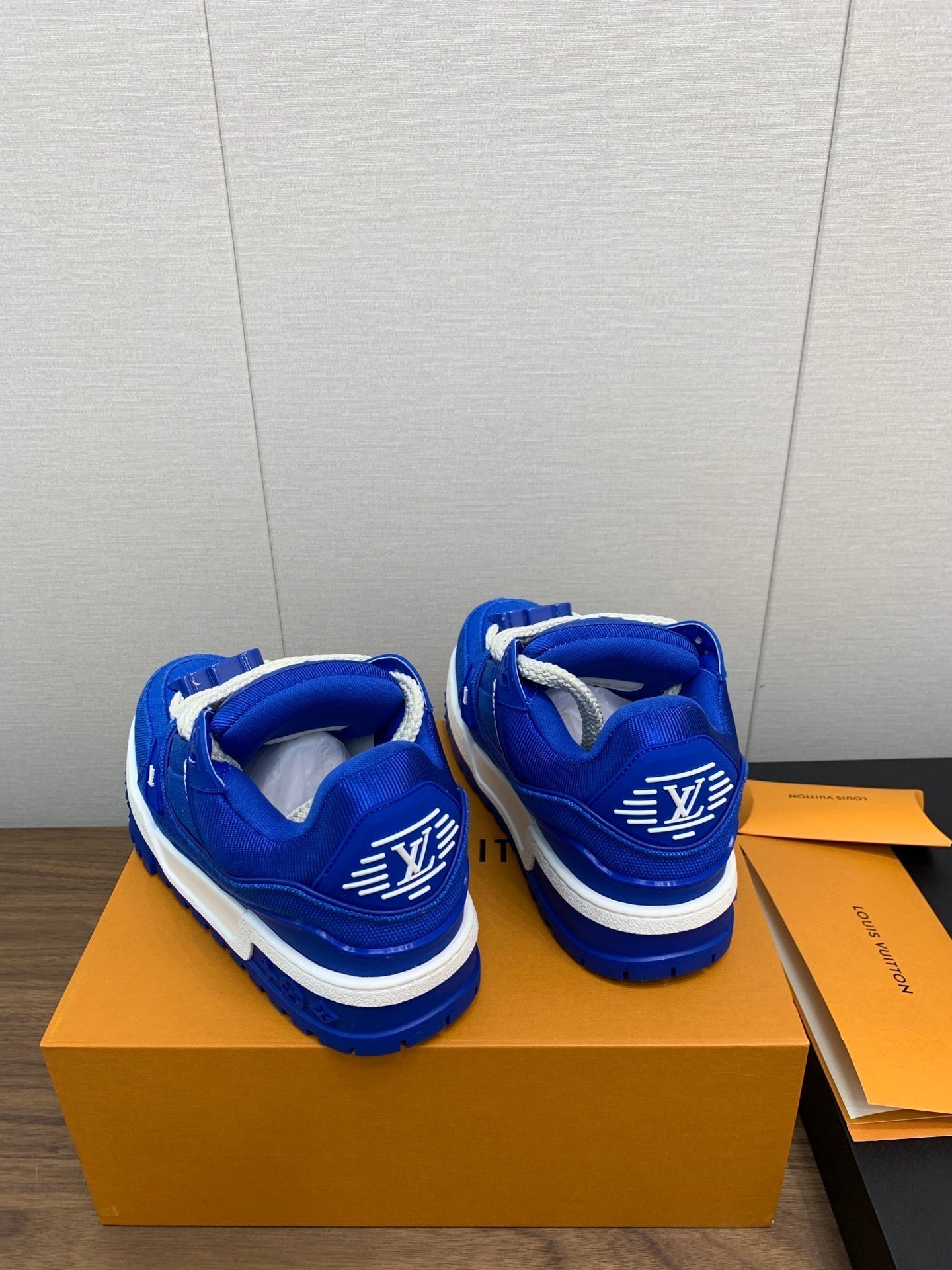 LOUIS VUITTON LV WOMEN'S TRAINER IN COBALT BLUE JACQUARD AND CALFSKIN