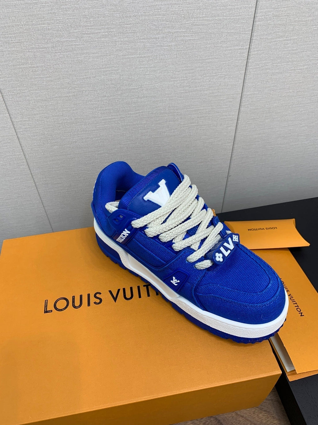 LOUIS VUITTON LV WOMEN'S TRAINER IN COBALT BLUE JACQUARD AND CALFSKIN