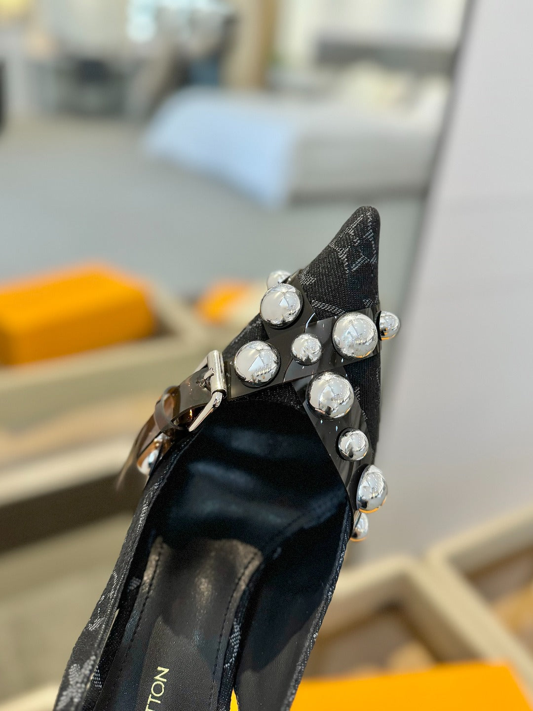 LOUIS VUITTON HIGH HEELS 95 MM IN BLACK MONOGRAM DENIM WITH CRYSTALS