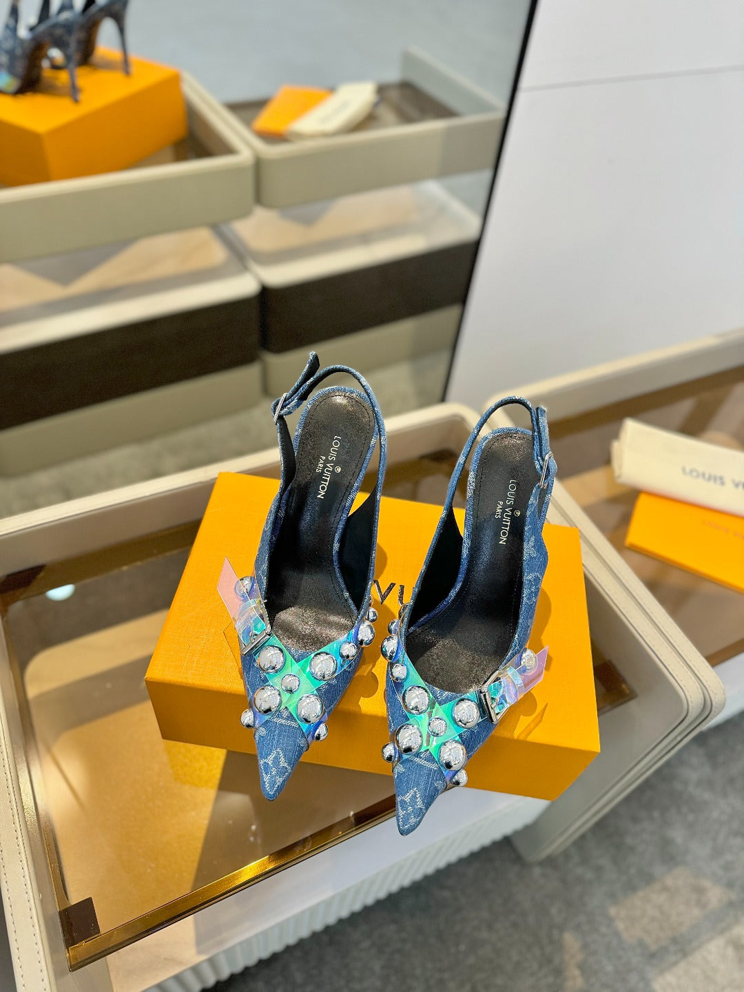 LOUIS VUITTON HIGH HEELS 95 MM IN CLASSIC BLUE MONOGRAM DENIM WITH CRYSTALS