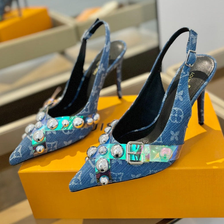 LOUIS VUITTON HIGH HEELS 95 MM IN CLASSIC BLUE MONOGRAM DENIM WITH CRYSTALS