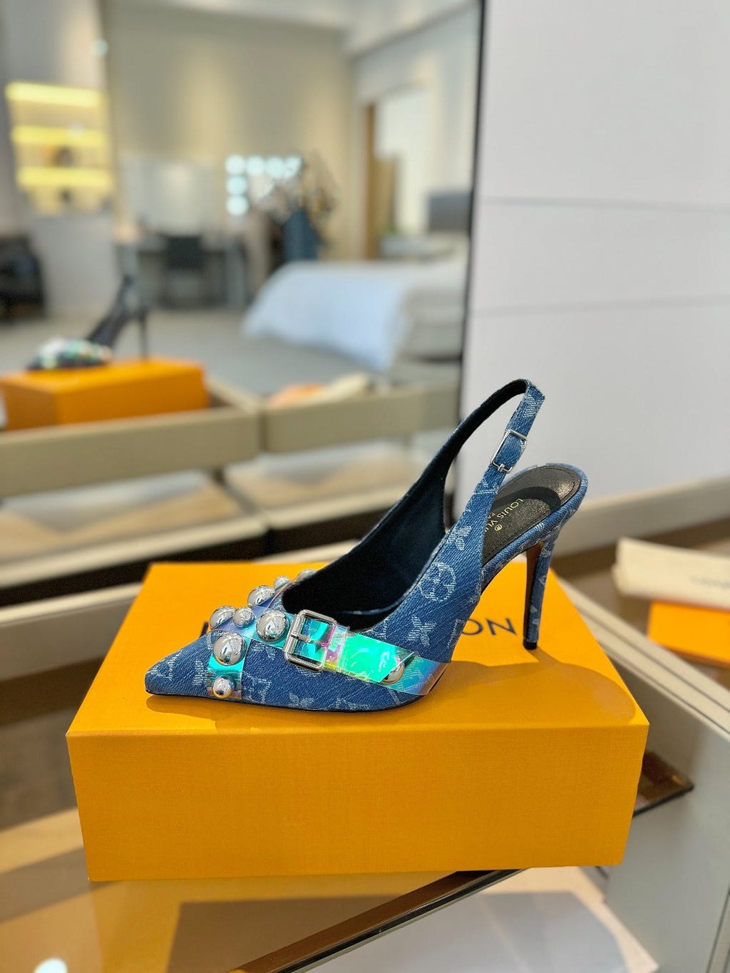 LOUIS VUITTON HIGH HEELS 95 MM IN CLASSIC BLUE MONOGRAM DENIM WITH CRYSTALS