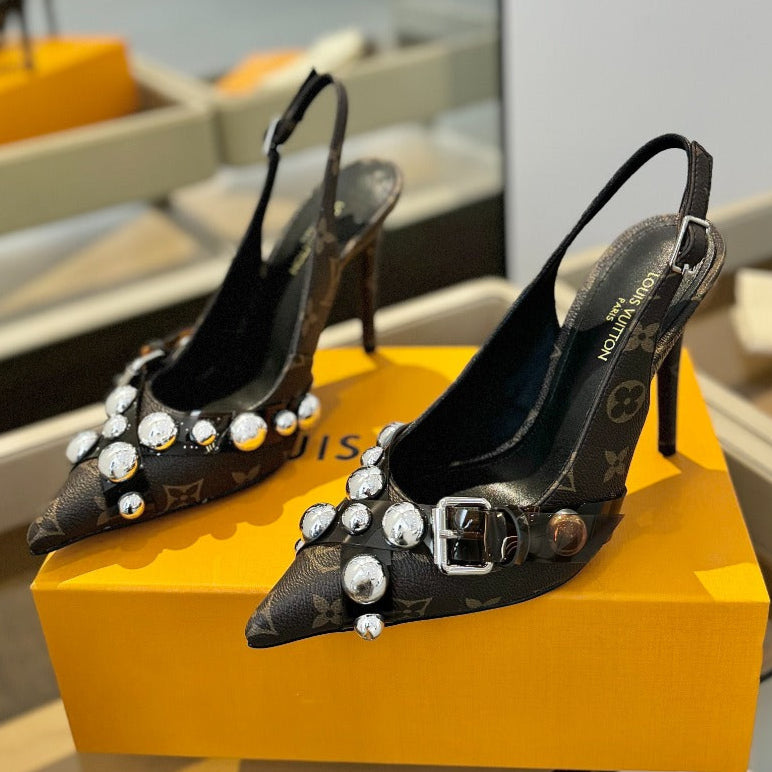 LOUIS VUITTON HIGH HEELS 95 MM IN CHOCOLATE BROWN MONOGRAM CALFSKIN WITH CRYSTALS