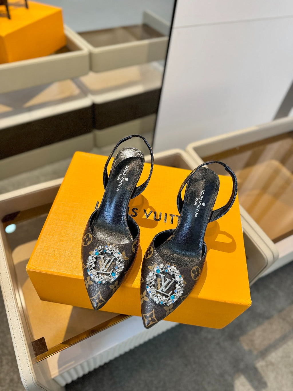 LOUIS VUITTON HIGH HEEL 75 MM SLINGBACK IN CHOCOLATE BROWN MONOGRAM CALFSKIN WITH CRYSTAL