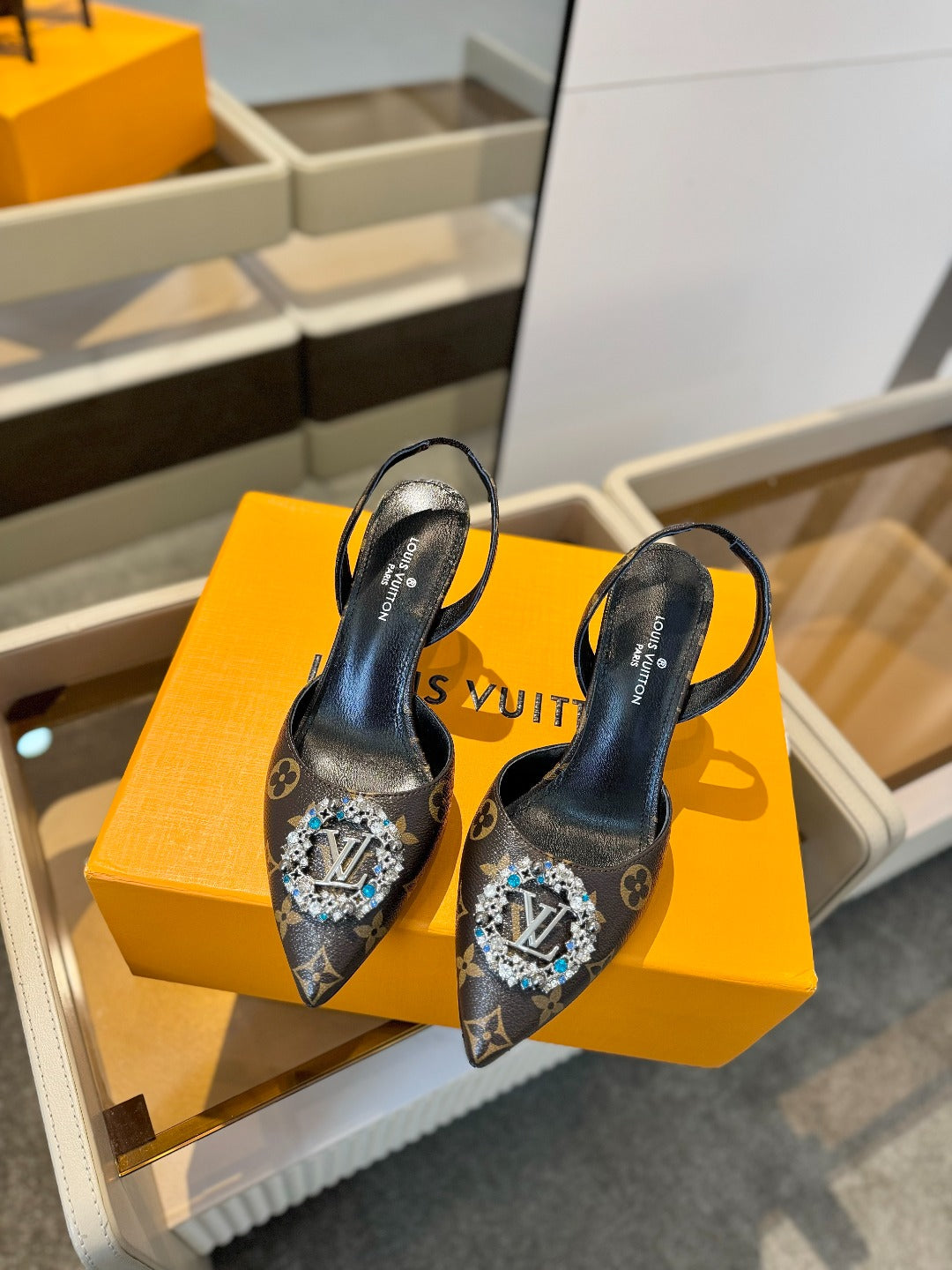 LOUIS VUITTON HIGH HEEL 75 MM SLINGBACK IN CHOCOLATE BROWN MONOGRAM CALFSKIN WITH CRYSTAL