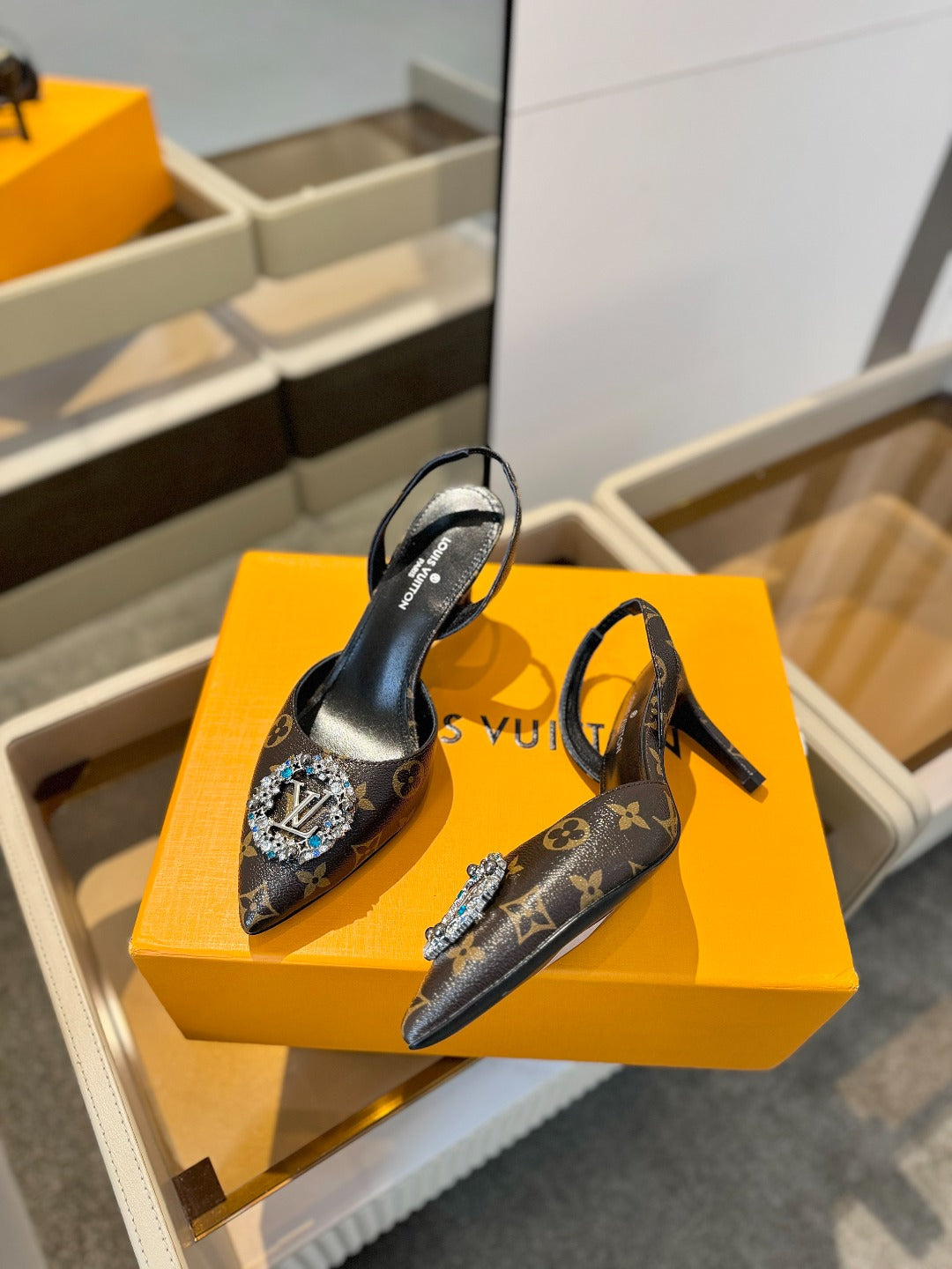 LOUIS VUITTON HIGH HEEL 75 MM SLINGBACK IN CHOCOLATE BROWN MONOGRAM CALFSKIN WITH CRYSTAL