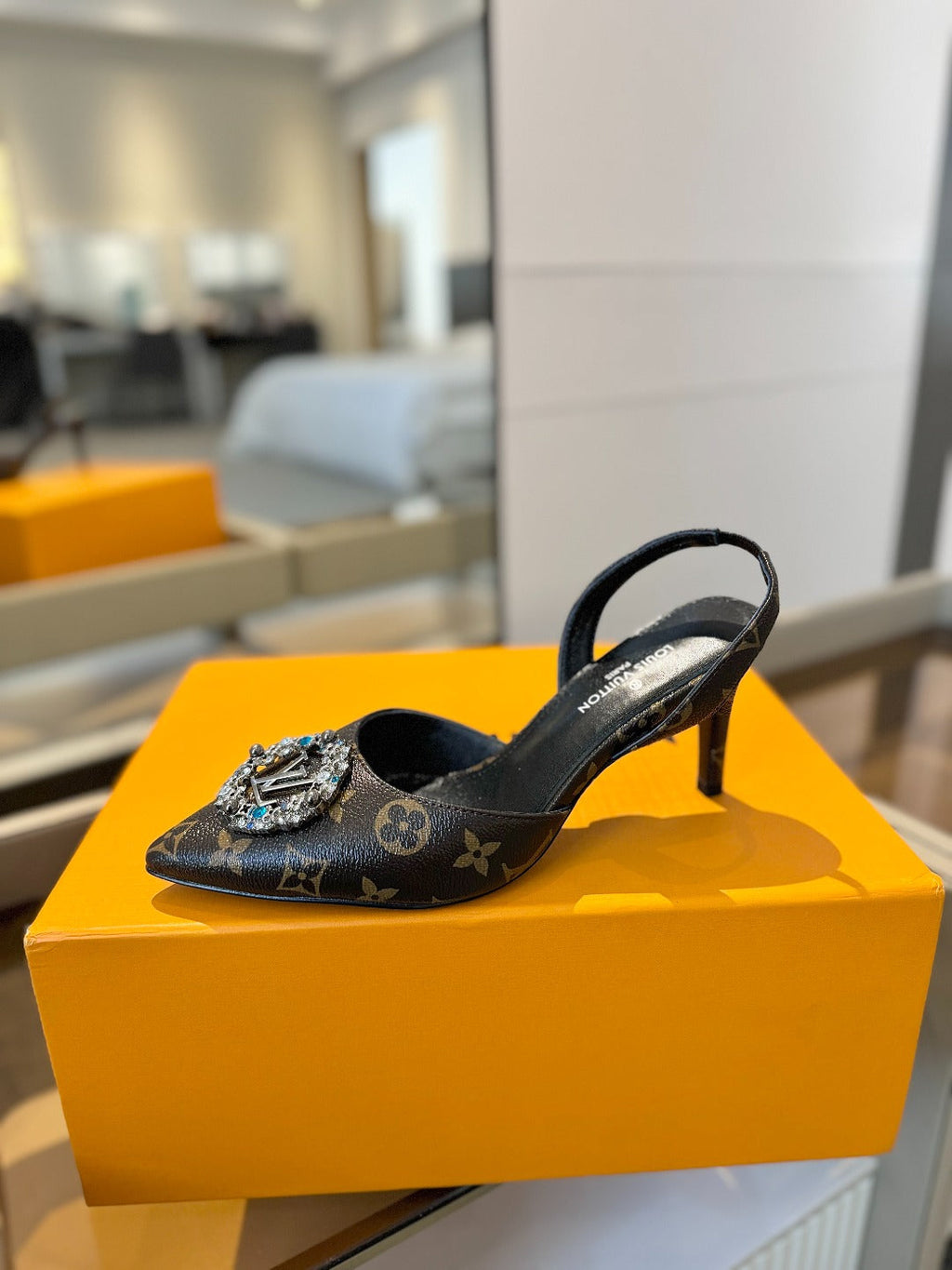 LOUIS VUITTON HIGH HEEL 75 MM SLINGBACK IN CHOCOLATE BROWN MONOGRAM CALFSKIN WITH CRYSTAL